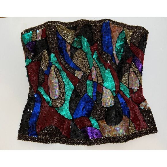 VTG 80's Oleg Cassini Black Tie Beaded Strapless Bustier Sz. M - Picture 2 of 4
